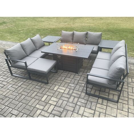 Fimous Aluminium 10 Seater Garden Furniture Outdoor Set Patio Lounge Sofa Gas Fire Pit Dining Table Set with Big Footstool 2 Side Tables Dark Grey