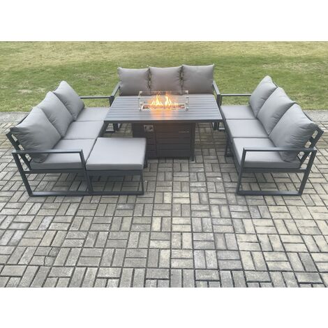 Fimous Aluminium 10 Seater Garden Furniture Outdoor Set Patio Lounge Sofa Gas Fire Pit Dining Table Set with Big Footstool Dark Grey