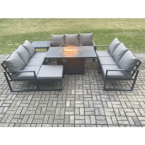 Fimous Aluminium 10 Seater Garden Furniture Outdoor Set Patio Lounge Sofa Gas Fire Pit Dining Table Set with Big Footstool Side Table Dark Grey