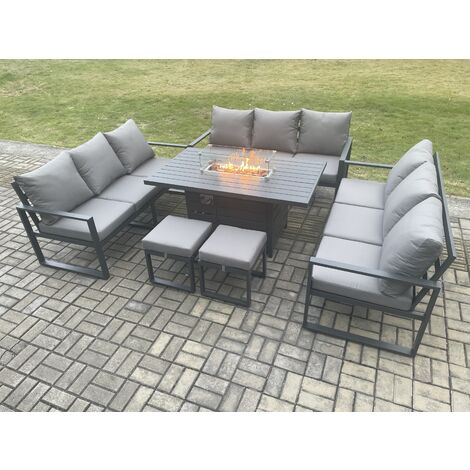 Fimous Aluminium 11 Seater Garden Furniture Outdoor Set Patio Lounge Sofa Gas Fire Pit Dining Table Set with 2 Small Footstools Dark Grey