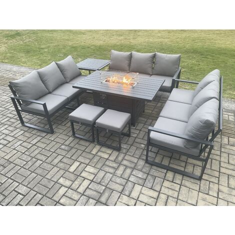 Fimous Aluminium 11 Seater Garden Furniture Outdoor Set Patio Lounge Sofa Gas Fire Pit Dining Table Set with 2 Small Footstools Side Table Dark Grey
