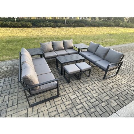 Fimous Aluminium 11 Seater Outdoor Garden Furniture Set Lounge Sofa Oblong Coffee Table 2 PC Small Footstools 2 PC Side Table Sets with Cushions Dark Grey