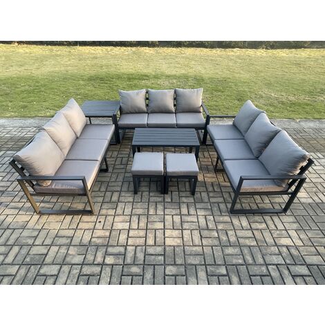 Fimous Aluminium 11 Seater Outdoor Garden Furniture Set Lounge Sofa Oblong Coffee Table 2 Small Footstools Side Table Sets with Cushions Dark Grey