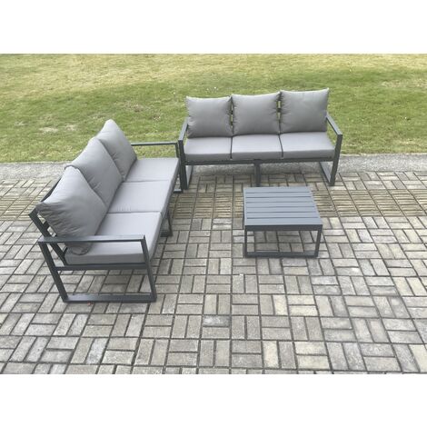 Fimous Aluminium 3 Pieces Garden Furniture Sofa Set with Cushions 6 Seater Outdoor Patio Set with Square Coffee Table Dark Grey