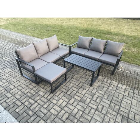 Fimous Aluminium 4 Pieces Outdoor Garden Furniture Lounge Sofa Set with Oblong Coffee Table Big Footstool Dark Grey