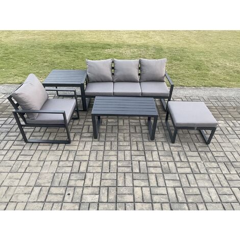 Fimous Aluminium 5 Pieces Garden Furniture Sofa Set with Cushions 5 Seater Outdoor Patio Set with Armchair Big Footstool Side Table Dark Grey