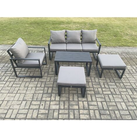 Fimous Aluminium 5 Pieces Garden Furniture Sofa Set with Cushions 6 Seater Outdoor Patio Set with Armchair 2 Big Footstools Dark Grey