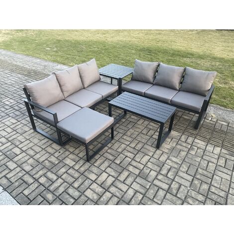 Fimous Aluminium 5 Pieces Outdoor Garden Furniture Lounge Sofa Set with Oblong Coffee Table Big Footstool Side Table Dark Grey