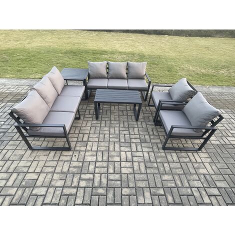Fimous Aluminium 6 Pieces Garden Furniture Set with Cushions 8 Seater Outdoor Patio Lounge Sofa Set with 2 Armchairs Side Table Dark Grey