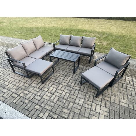 Fimous Aluminium 6 Pieces Garden Furniture Set with Cushions 9 Seater Outdoor Patio Lounge Sofa Set with Armchair 2 Big Footstools Dark Grey