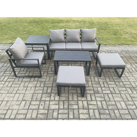 Fimous Aluminium 6 Pieces Garden Furniture Sofa Set with Cushions 6 Seater Outdoor Patio Set with Armchair 2 Big Footstools Side Table Dark Grey