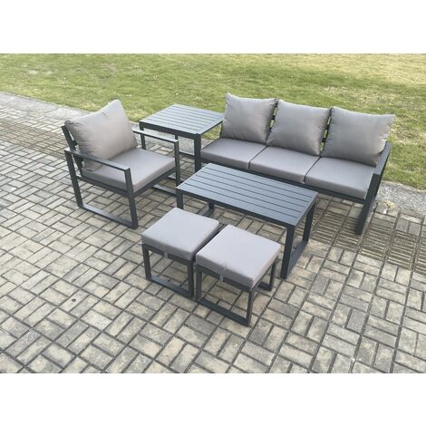 Fimous Aluminium 6 Pieces Garden Furniture Sofa Set with Cushions 6 Seater Outdoor Patio Set with Armchair 2 Small Footstools Side Table Dark Grey