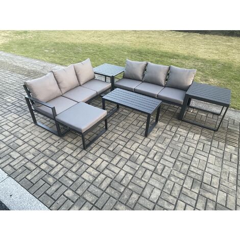 Fimous Aluminium 6 Pieces Outdoor Garden Furniture Lounge Sofa Set with Oblong Coffee Table Big Footstool 2 Side Tables Dark Grey