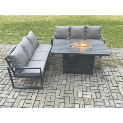 Fimous Aluminium 6 Seater Outdoor Garden Furniture Lounge Sofa Set Gas Fire Pit Dining Table Sets Dark Grey
