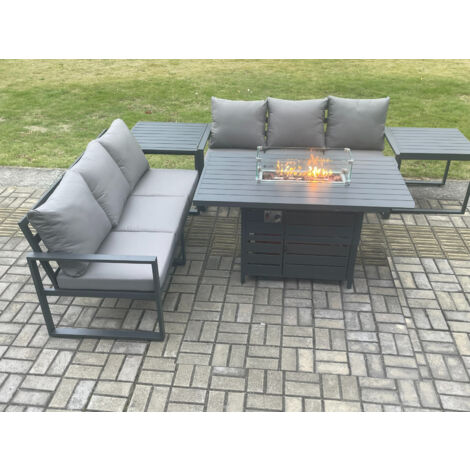 Fimous Aluminium 6 Seater Outdoor Garden Furniture Lounge Sofa Set Gas Fire Pit Dining Table with 2 Side Tables Dark Grey