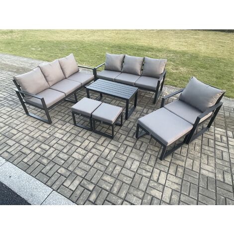 Fimous Aluminium 7 Pieces Garden Furniture Set with Cushions 10 Seater Outdoor Patio Lounge Sofa Set with Armchair 3 Footstools Dark Grey