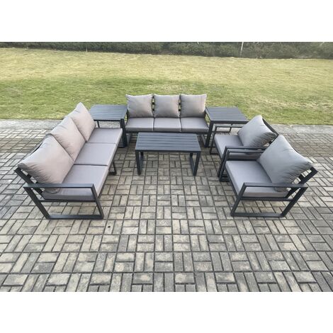 Fimous Aluminium 7 Pieces Garden Furniture Set with Cushions 8 Seater Outdoor Patio Lounge Sofa Set with 2 Armchairs 2 Side Tables Dark Grey