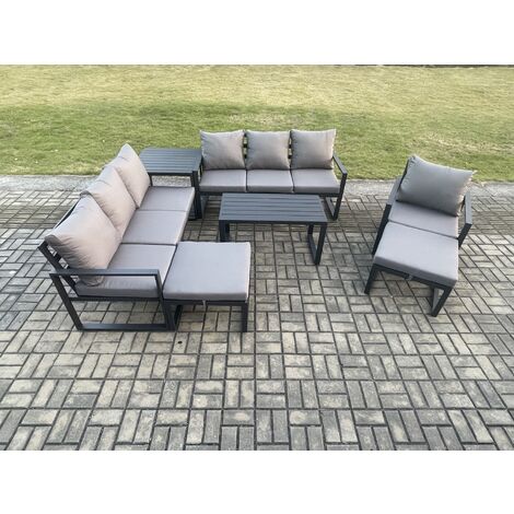 Fimous Aluminium 7 Pieces Garden Furniture Set with Cushions 9 Seater Outdoor Patio Lounge Sofa Set with Armchair 2 Big Footstools Side Table Dark Grey