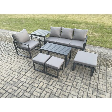 Fimous Aluminium 7 Pieces Garden Furniture Sofa Set with Cushions 7 Seater Outdoor Patio Set with Armchair 3 Footstools Side Table Dark Grey