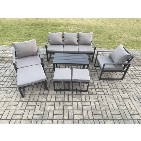 Fimous Aluminium 7 Pieces Garden Furniture Sofa Set with Cushions 8 Seater Outdoor Patio Set with 2 Armchair 3 Footstools Dark Grey