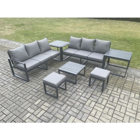 Fimous Aluminium 7 Pieces Garden Furniture Sofa Set with Cushions 8 Seater Outdoor Patio Set with Square Coffee Table 2 Small Footstools 2 Side Tables Dark Grey