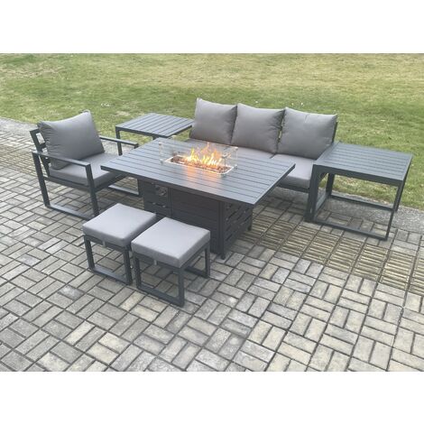 Fimous Aluminium 7 Pieces Garden Furniture Sofa Set with Cushions Gas Fire Pit Dining Table Set with 2 Small Footstools 2 Side Tables Dark Grey