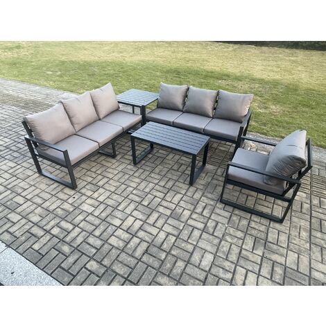 Fimous Aluminium 7 Seater Garden Furniture Outdoor Patio Sofa Set with Rectangular Coffee Table Armchair Side Table Dark Grey