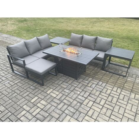 Fimous Aluminium 7 Seater Outdoor Garden Furniture Lounge Sofa Set Gas Fire Pit Dining Table with Big Footstool 2 Side Tables Dark Grey