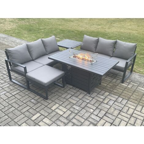 Fimous Aluminium 7 Seater Outdoor Garden Furniture Lounge Sofa Set Gas Fire Pit Dining Table with Big Footstool Side Table Dark Grey