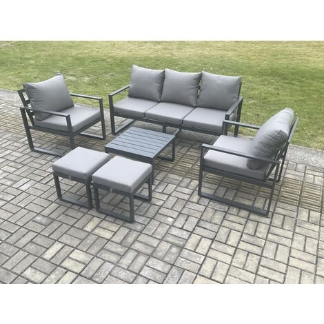 Fimous Aluminium 7 Seater Outdoor Lounge Sofa Set Garden Furniture Sets with Square Coffee Table 2 Chairs 2 Small Footstools Dark Grey