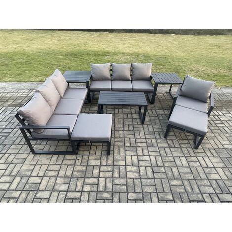 Fimous Aluminium 8 Pieces Garden Furniture Set with Cushions 9 Seater Outdoor Patio Lounge Sofa Set with Armchair 2 Big Footstools 2 Side Tables Dark Grey