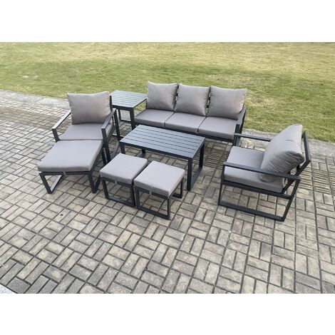 Fimous Aluminium 8 Pieces Garden Furniture Sofa Set with Cushions 8 Seater Outdoor Patio Set with 2 Armchair 3 Footstools Side Table Dark Grey
