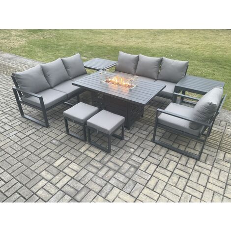 Fimous Aluminium 8 Pieces Garden Furniture Sofa Set with Cushions 9 Seater Gas Fire Pit Dining Table Set with 2 Side Tables 2 Small Footstools Dark Grey