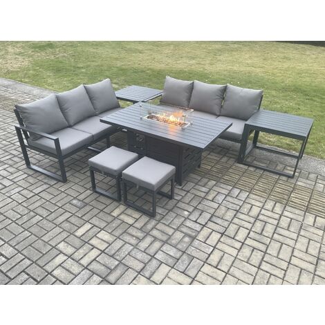Fimous Aluminium 8 Seater Outdoor Garden Furniture Lounge Sofa Set Gas Fire Pit Dining Table with 2 Small Footstools 2 Side Tables Dark Grey
