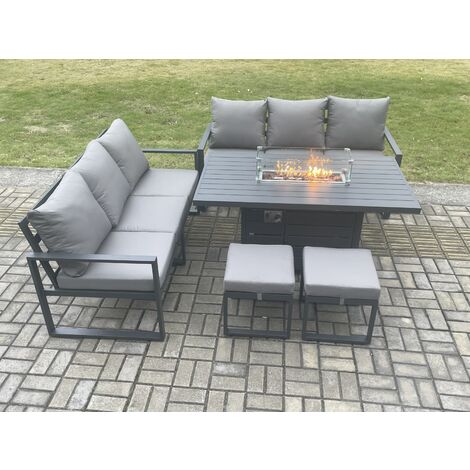 Fimous Aluminium 8 Seater Outdoor Garden Furniture Lounge Sofa Set Gas Fire Pit Dining Table with 2 Small Footstools Dark Grey