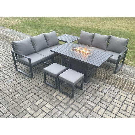 Fimous Aluminium 8 Seater Outdoor Garden Furniture Lounge Sofa Set Gas Fire Pit Dining Table with 2 Small Footstools Side Table Dark Grey