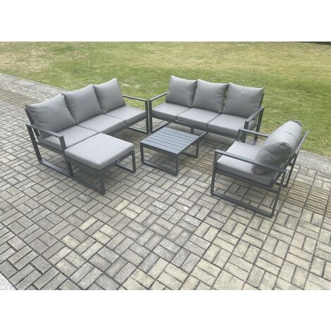 Fimous Aluminium 8 Seater Outdoor Garden Furniture Lounge Sofa Set with Square Coffee Table Chair Big Footstool Dark Grey