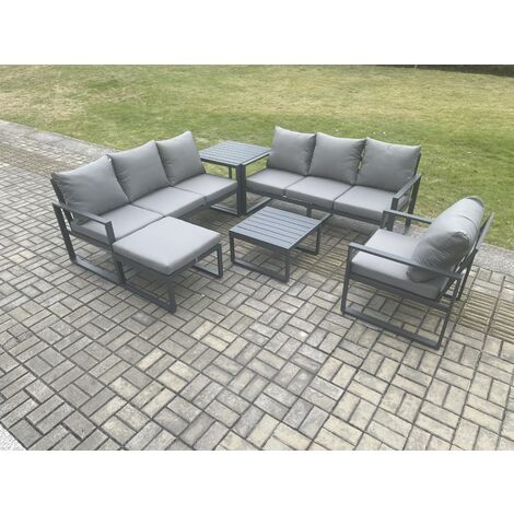 Fimous Aluminium 8 Seater Outdoor Garden Furniture Lounge Sofa Set with Square Coffee Table Chair Big Footstool Side Table Dark Grey