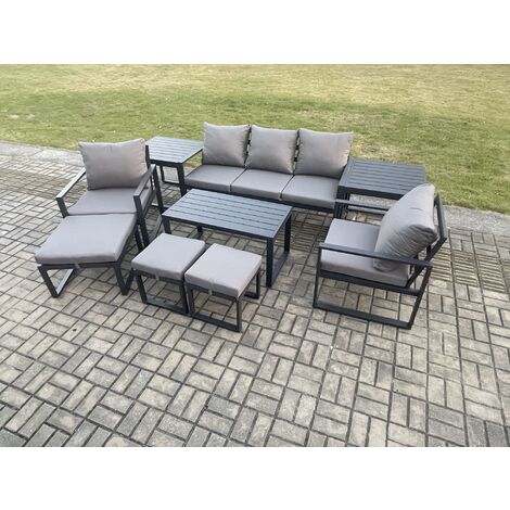 Fimous Aluminium 9 Pieces Garden Furniture Sofa Set with Cushions 8 Seater Outdoor Patio Set with 2 Armchair 3 Footstools 2 Side Table Dark Grey