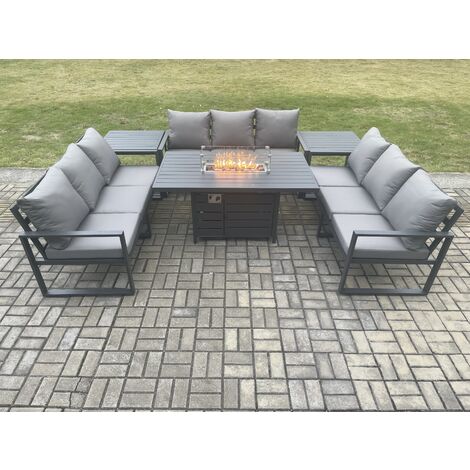 Fimous Aluminium 9 Seater Garden Furniture Outdoor Set Patio Lounge Sofa Gas Fire Pit Dining Table Set with 2 Side Tables Dark Grey