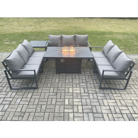 Fimous Aluminium 9 Seater Garden Furniture Outdoor Set Patio Lounge Sofa Gas Fire Pit Dining Table Set with Side Table Dark Grey