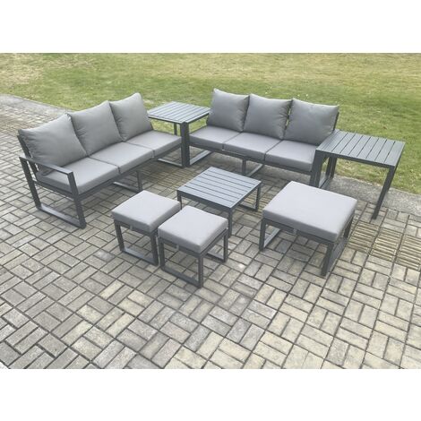Fimous Aluminium 9 Seater Outdoor Garden Furniture Lounge Sofa Set with Square Coffee Table 3 Footstools 2 Side Tables Dark Grey