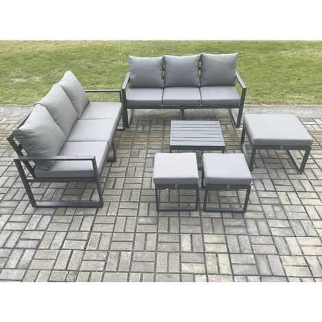 Fimous Aluminium 9 Seater Outdoor Garden Furniture Lounge Sofa Set with Square Coffee Table 3 Footstools Dark Grey