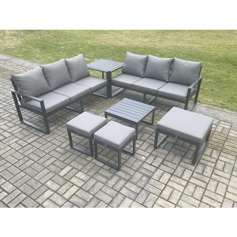 Fimous Aluminium 9 Seater Outdoor Garden Furniture Lounge Sofa Set with Square Coffee Table 3 Footstools Side Table Dark Grey