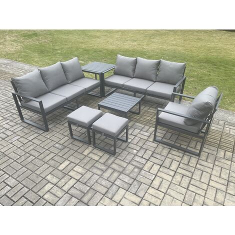 Fimous Aluminium 9 Seater Outdoor Garden Furniture Lounge Sofa Set with Square Coffee Table Chair 2 Small Footstools Side Table Dark Grey