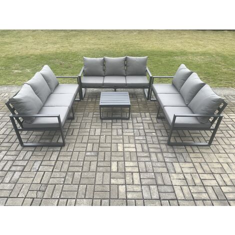 Fimous Aluminium 9 Seater Outdoor Garden Furniture Set Patio Lounge Sofa with Square Coffee Table Conservatory Set Dark Grey