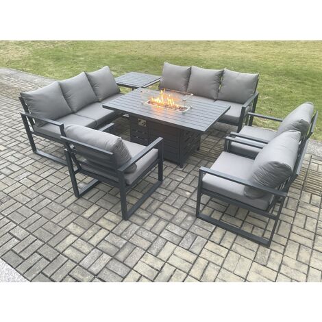 Fimous Aluminium Garden Furniture Outdoor Set Patio Lounge Sofa Gas Fire Pit Dining Table Set with 3 Armchair Side Table Dark Grey