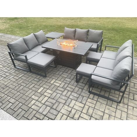 Fimous Aluminium Garden Furniture Outdoor Set Patio Lounge Sofa Gas Fire Pit Dining Table Set with 3 Footstools Side Table Dark Grey