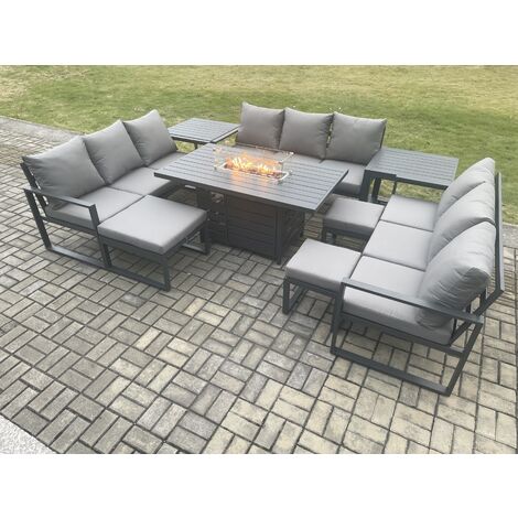 Fimous Aluminium Garden Furniture Outdoor Set Patio Lounge Sofa Gas Fire Pit Dining Table Sets with 3 Footstools 2 Side Tables Dark Grey