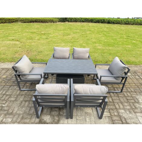 Fimous Aluminium Garden Furniture Set Adjustable Rising Lifting Dining Table and 6 Chairs Set Dark Grey